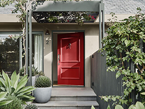 Front Entry Way with Bright Red Door and Neutral Walls Dulux Kinship and Front Garden with Steps